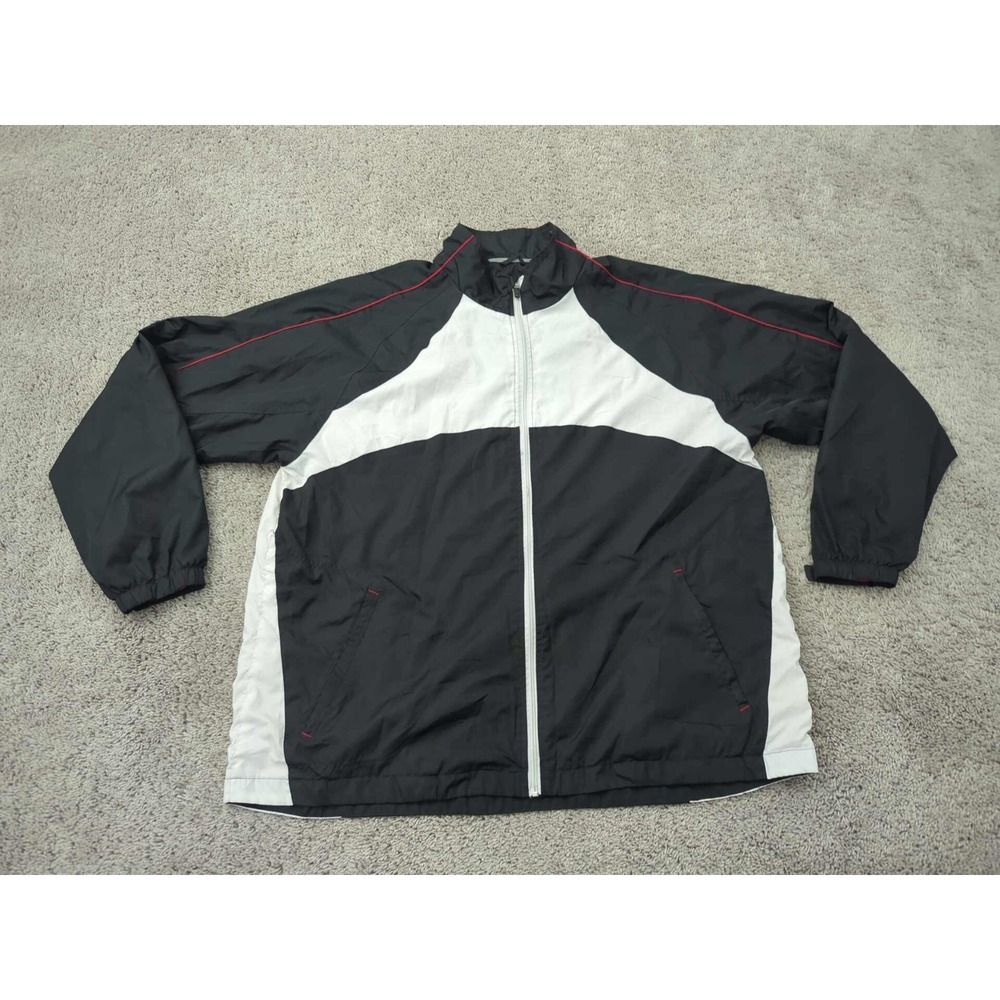 BCG Jacket Mens XXL Black White Full Zip Windbreaker Red Piping Poly Lined‎